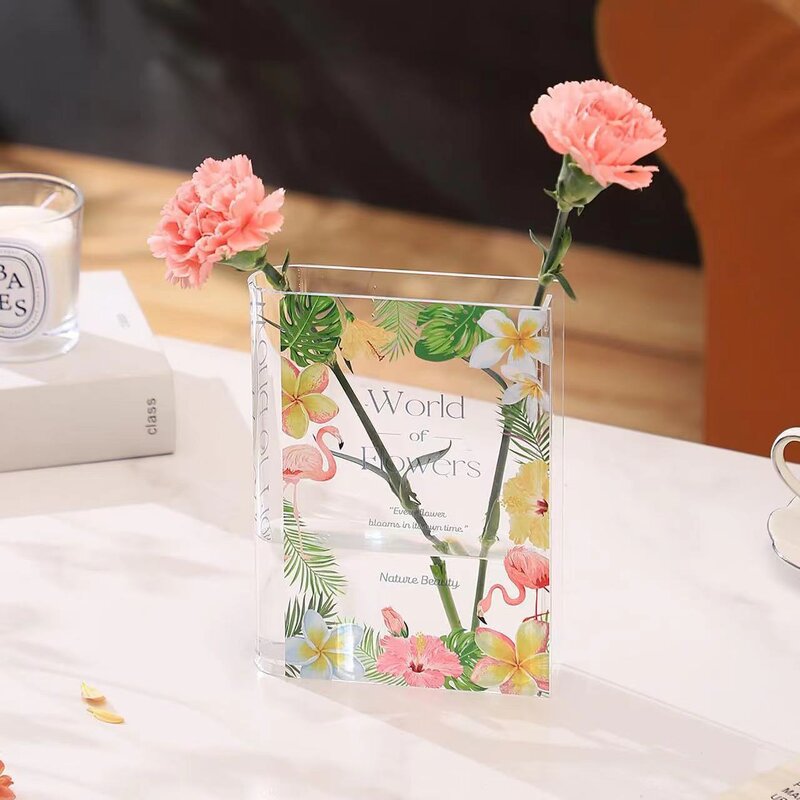 Vase - Modern Floral Book-Shaped Acrylic Crystal Material for Home Tabletop Decoration