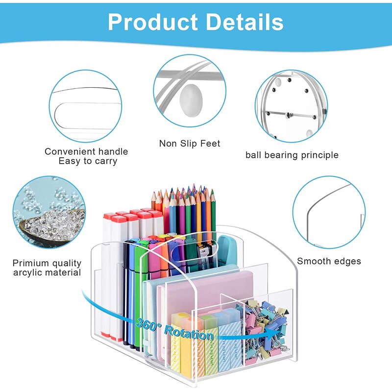 Pen Holder - 360-Degree Desktop Stationery Organizer Caddy Acrylic Rotating for Office