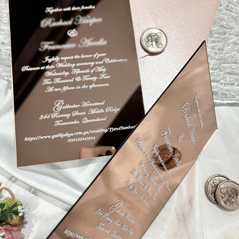 Wedding Invitation - Rose Gold Mirror with Monogram Wax Seal Luxury Acrylic Nautical