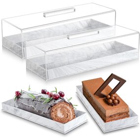 Cake Stand - Elegant Marbleized Grain Rectangular Acrylic with Lid Grey Serving Tray
