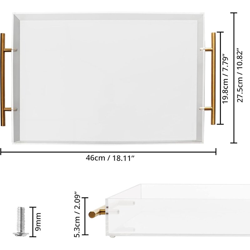 Serving Tray - Clear Acrylic 8*11inch with Golden Handles Decorative for Breakfast