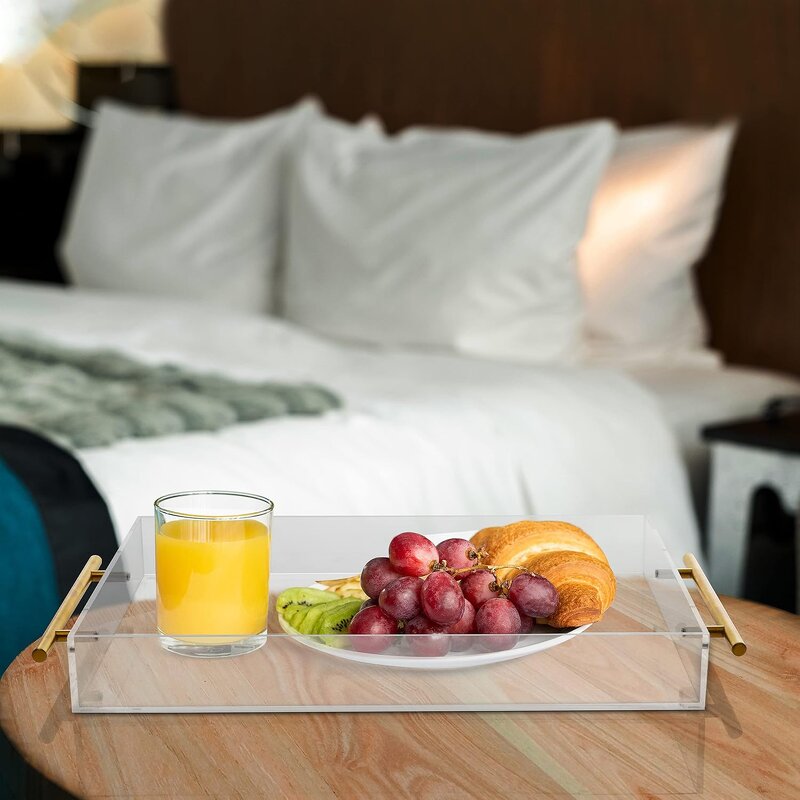 Serving Tray - Clear Acrylic 8*11inch with Golden Handles Decorative for Breakfast