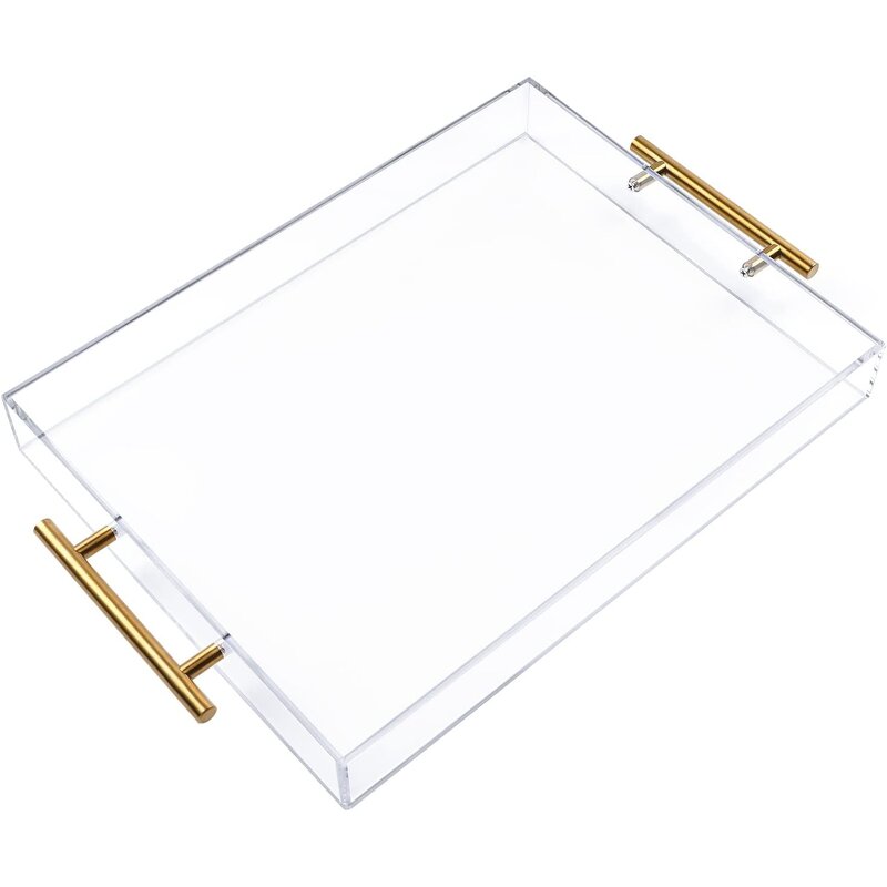 Serving Tray - 12"x16" Clear Acrylic with Golden Handles Sturdy Huge Capacity