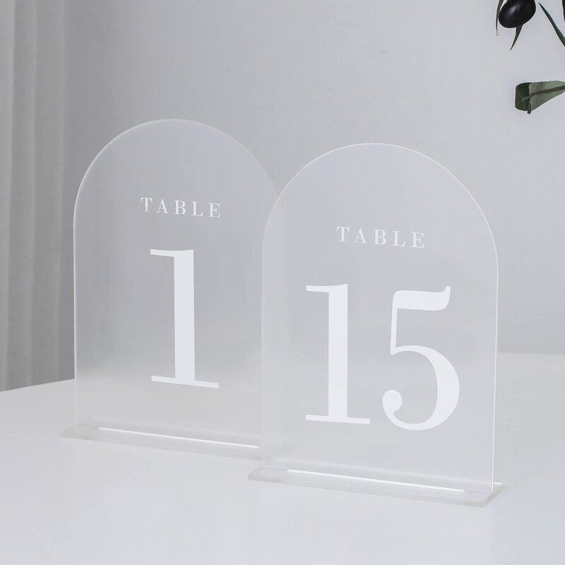 Wedding Table Numbers - Frosted Arch with Stands 1-15 5x7" Acrylic Signs for Centerpiece