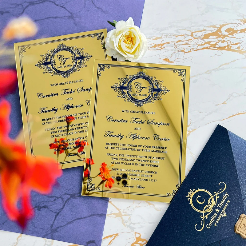 Wedding Invitation - Gold and Navy Mirror Plastic Monogram Handmade Acrylic