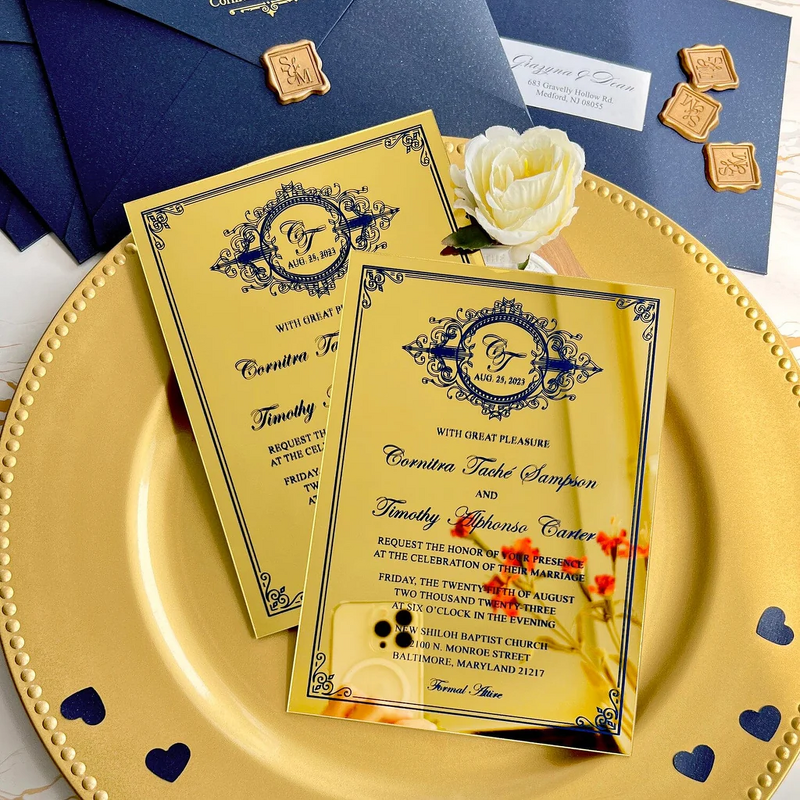 Wedding Invitation - Gold and Navy Mirror Plastic Monogram Handmade Acrylic