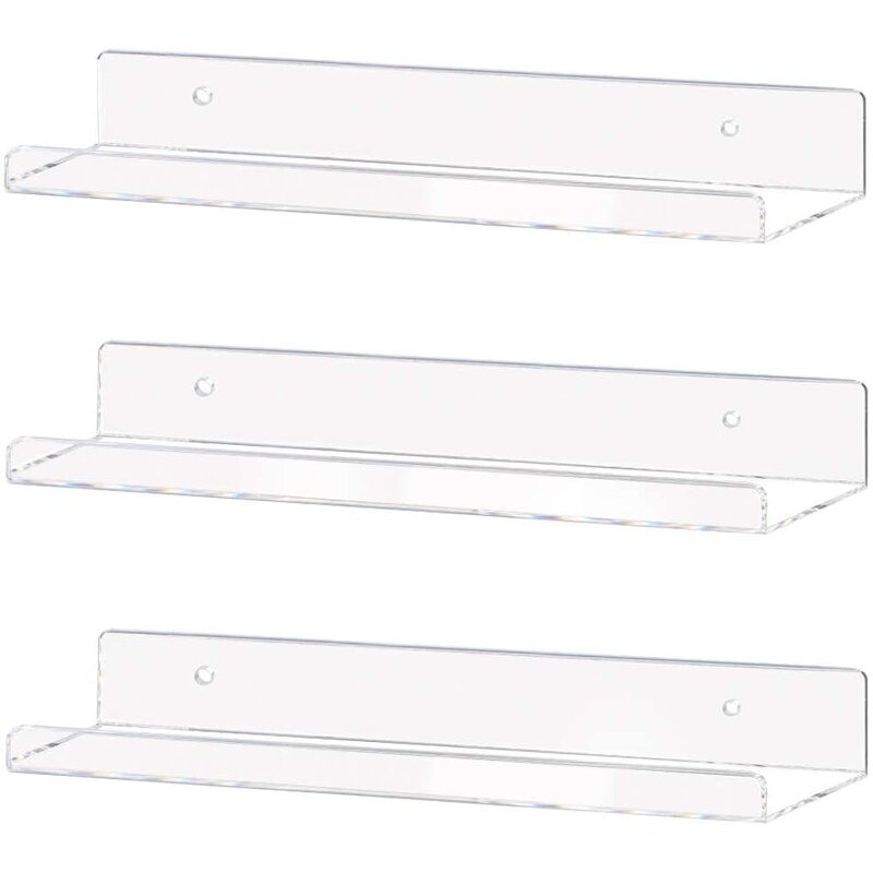 Acrylic Shelf - 15" Invisible Floating Wall Ledge for Kids Book Display Mounted