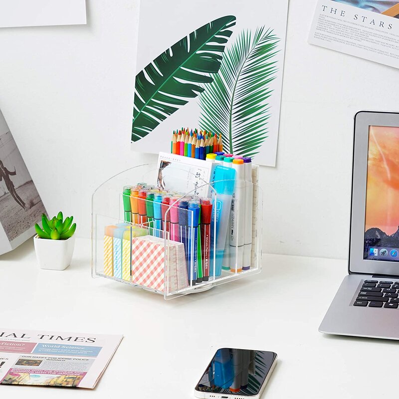 Pen Holder - 360-Degree Desktop Stationery Organizer Caddy Acrylic Rotating for Office