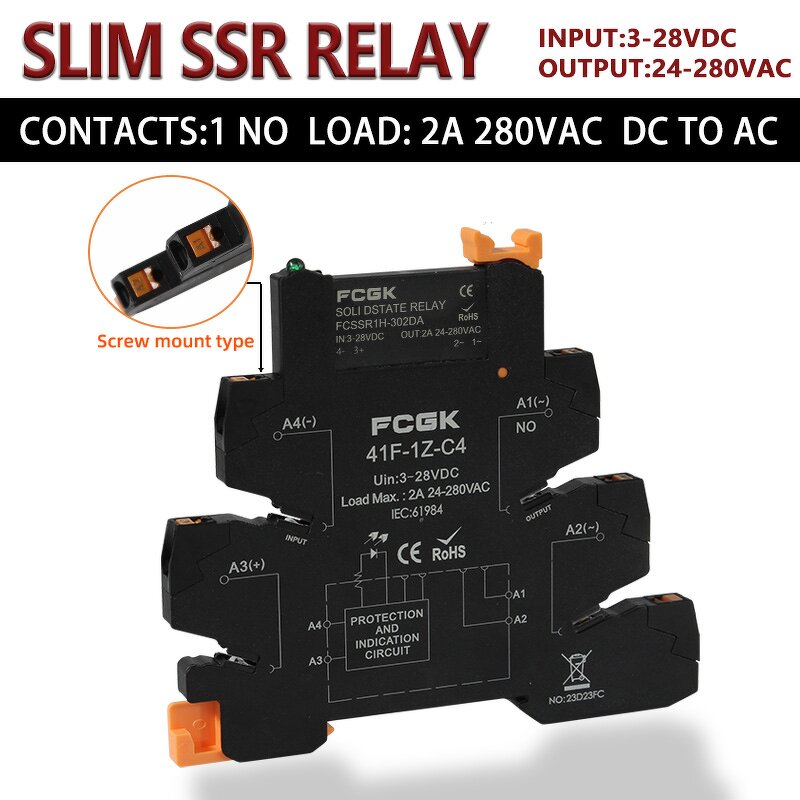 FCGK 280VAC Slim SSR Solid State Relay - DC to AC 41F-C4/C2 5-24V 2A/6A