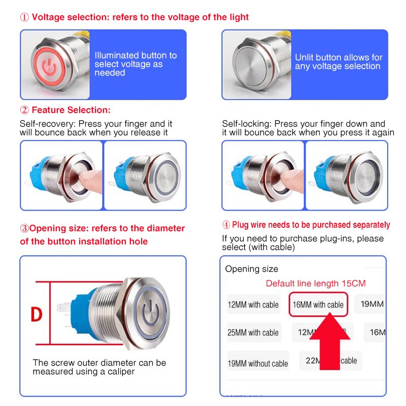 12V PC Power High Head Blue Push Button Switch - 5V 220V Car Momentary Latching