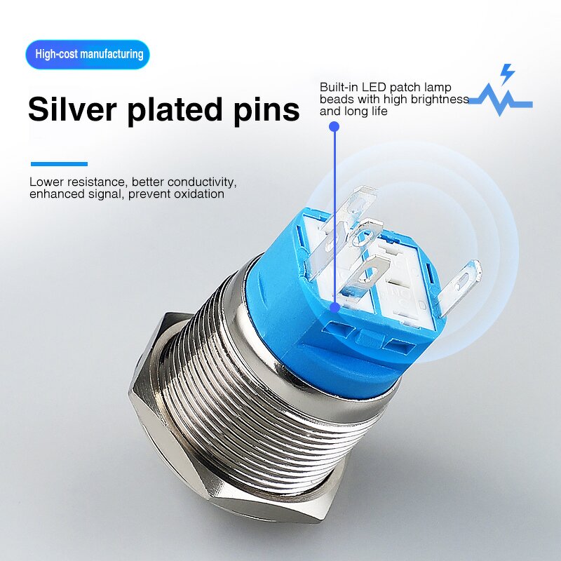 12V PC Power High Head Blue Push Button Switch - 5V 220V Car Momentary Latching