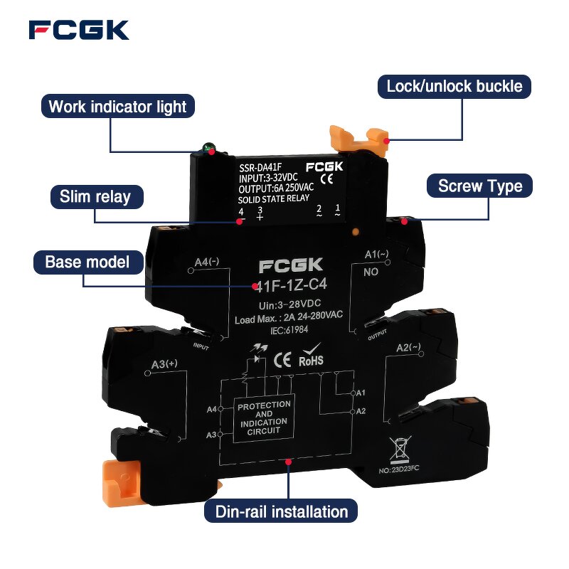 FCGK 280VAC Slim SSR Solid State Relay - DC to AC 41F-1Z-DA C2 5-24V 2A/6A