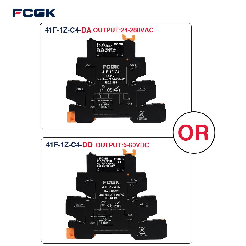FCGK 280VAC Slim SSR Solid State Relay - DC to AC 41F-1Z-DA C2 5-24V 2A/6A