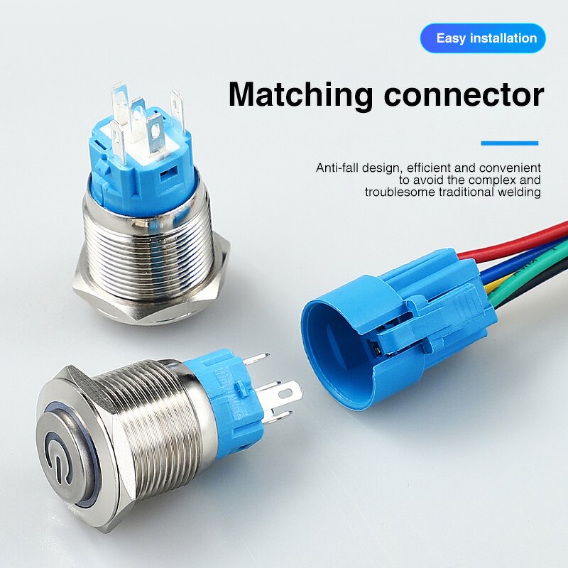12V PC Power High Head Blue Push Button Switch - 5V 220V Car Momentary Latching
