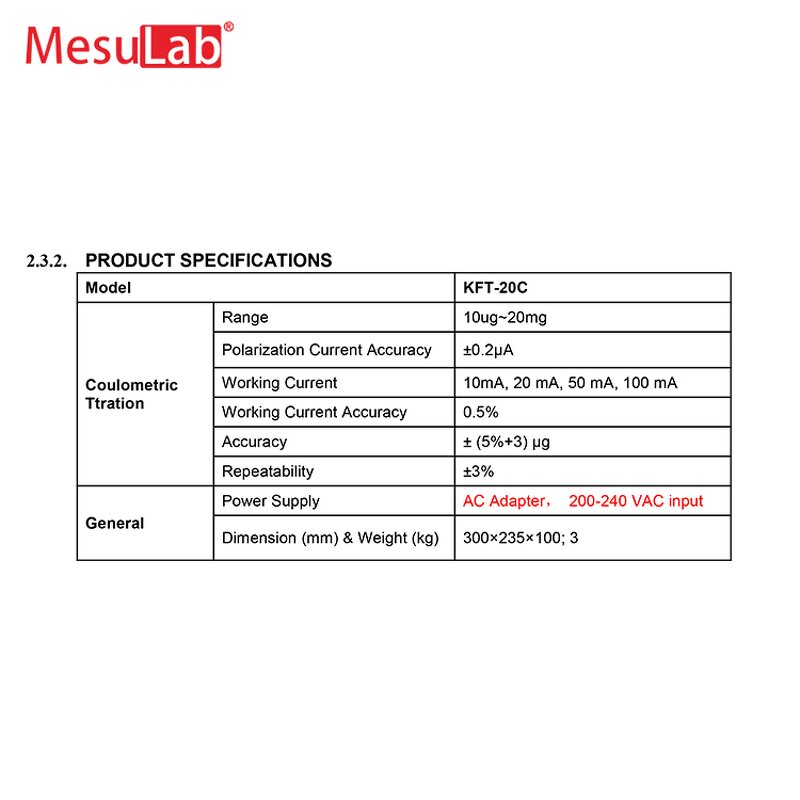 Karl Fischer Moisture Analyzer - MesuLab ME-KFT-20V Laboratory Coulometric Titration Titrator