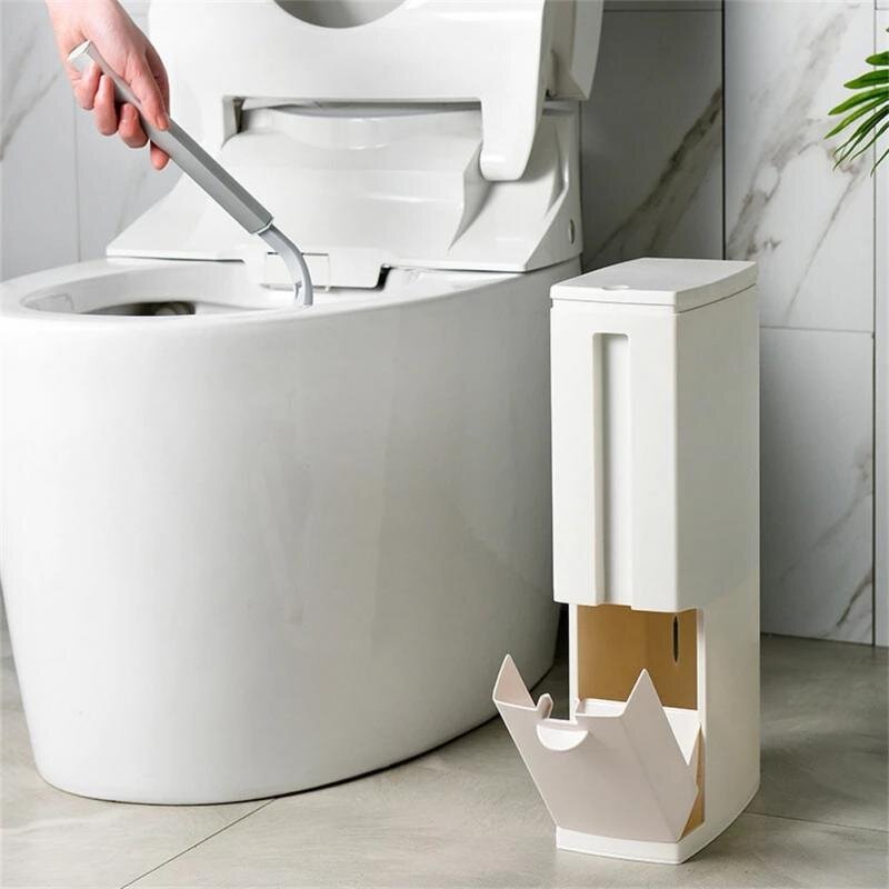 Trash Can - Narrow Standing Toilet Brush Set Plastic Bathroom Waste Bin