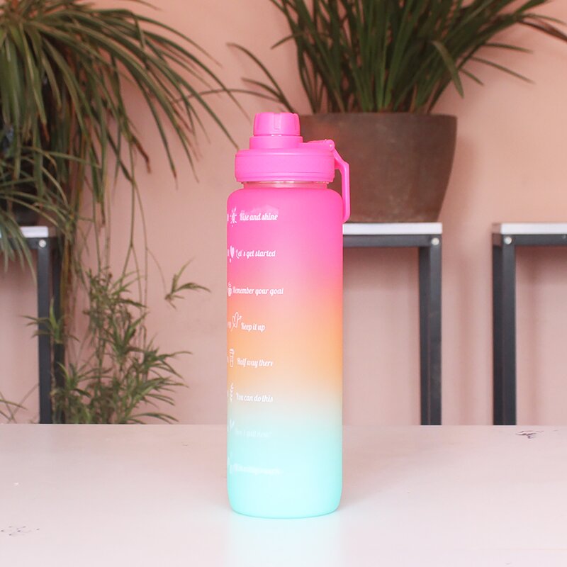 Sports Water Bottle - Plastic with Stickers Color Gradient Large Capacity 1000ml