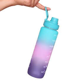 Sports Water Bottle - Plastic with Stickers Color Gradient Large Capacity 1000ml