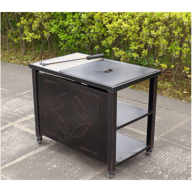 Steel Fire Pit Manufacturer - Outdoor with Storage Hooks Powder Coated Easy Clean Wheel Ceramic Table Top for Charcoal Fuel