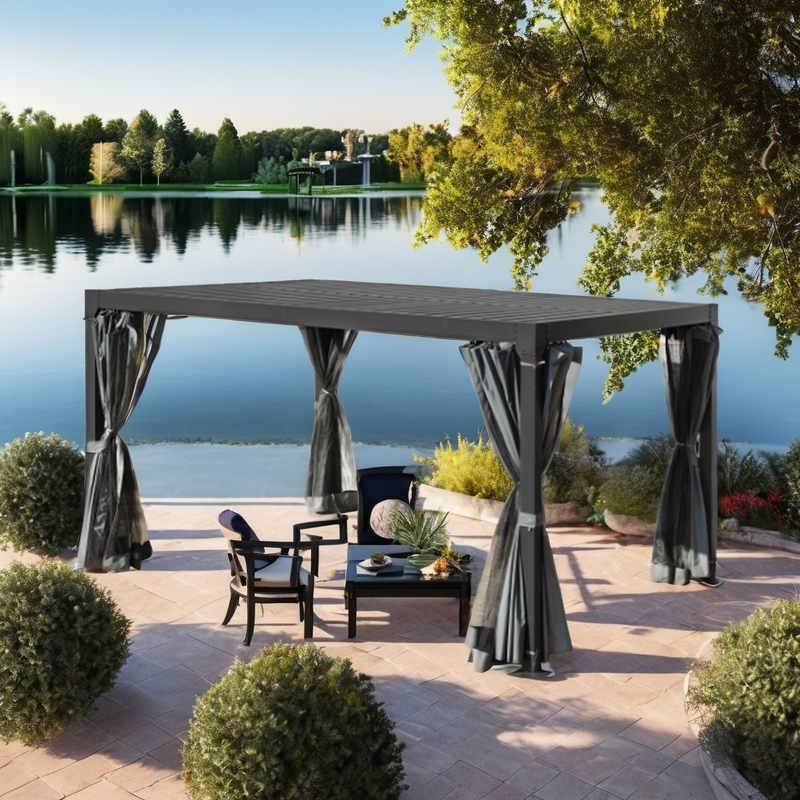 Pergola Manufacturer - Modern Eco-Friendly Outdoor Waterproof Aluminum Louvered Roof & Garden Canopy with Net Curtain