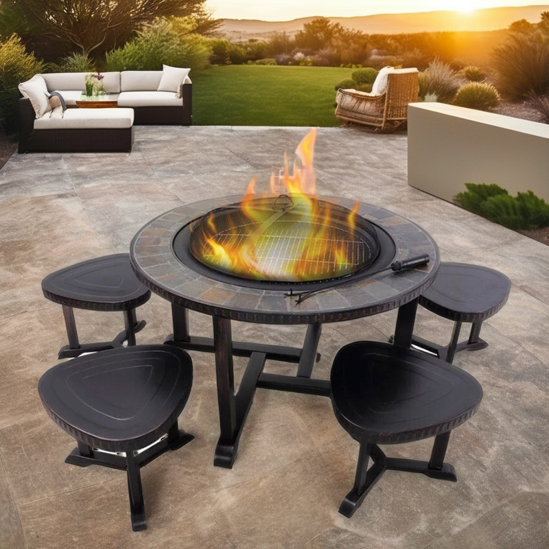 Outdoor Furniture Set Manufacturer - Portable 1 Table & 4 Stools Patio Garden with Wood Burning Smokeless Fire Pit & BBQ Grill