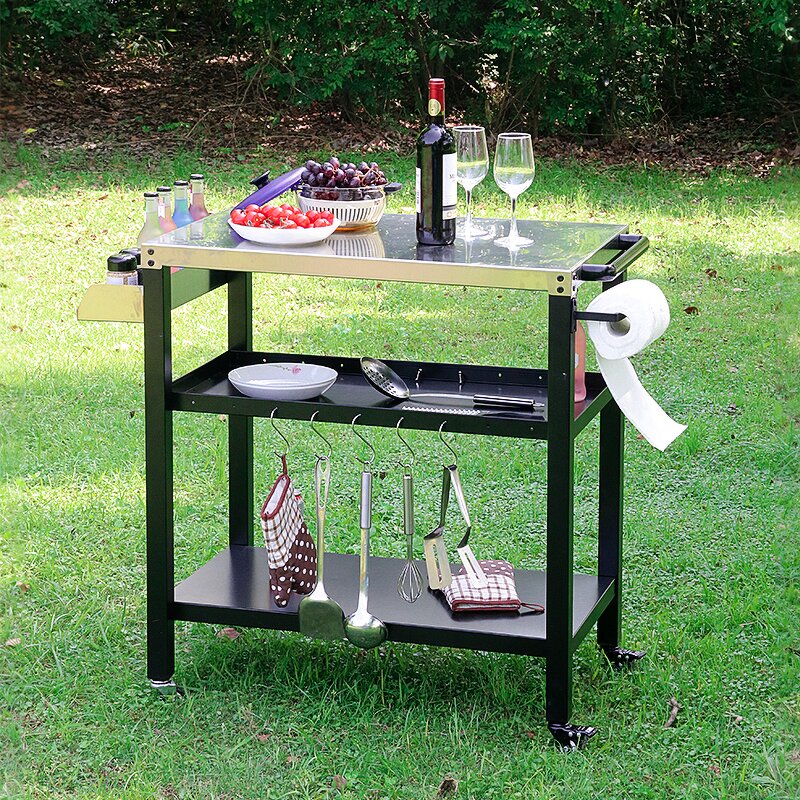 Outdoor Storage Rack Manufacturer - 3-Layer Lightweight Stainless Steel Wheels Movable Barbecue Cart Table for Backyard