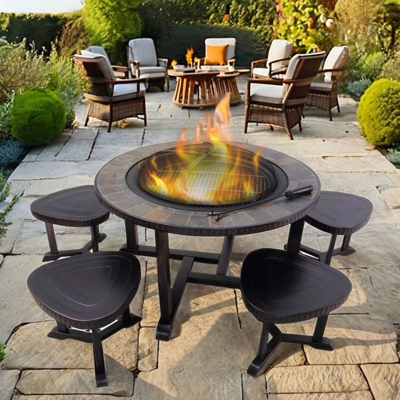 Outdoor Furniture Set Manufacturer - Portable 1 Table & 4 Stools Patio Garden with Wood Burning Smokeless Fire Pit & BBQ Grill