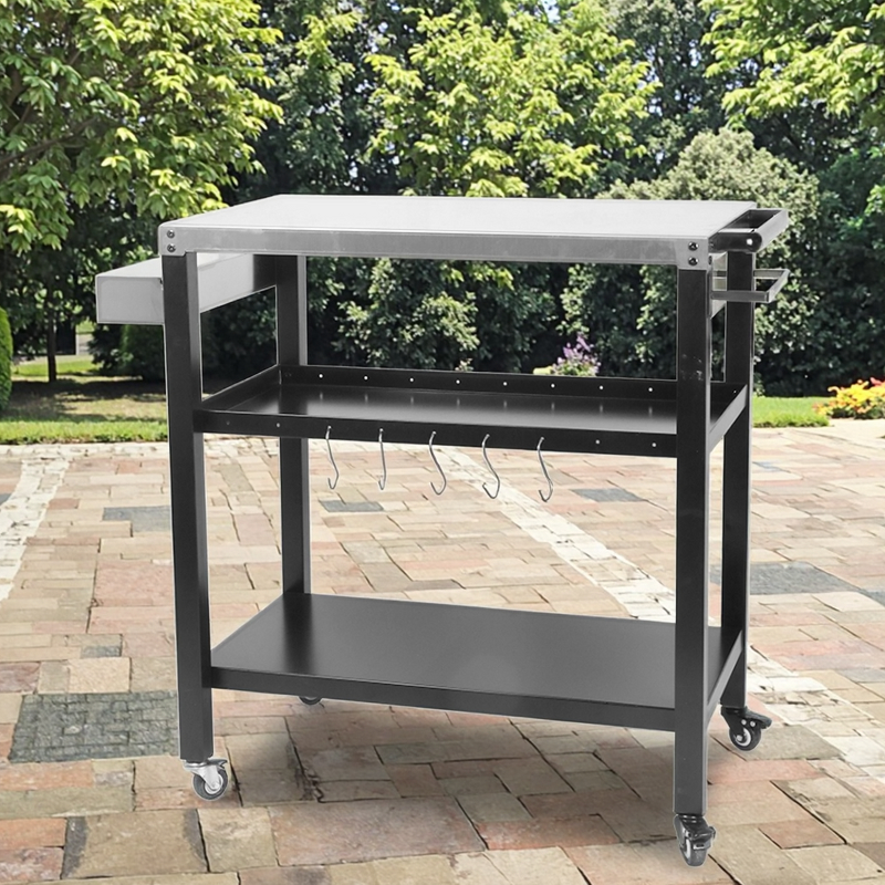 Cooking Station Manufacturer - Outdoor Indoor Three-Tire Movable Pizza Oven Stand with BBQ Grill Utility Cart for Serving
