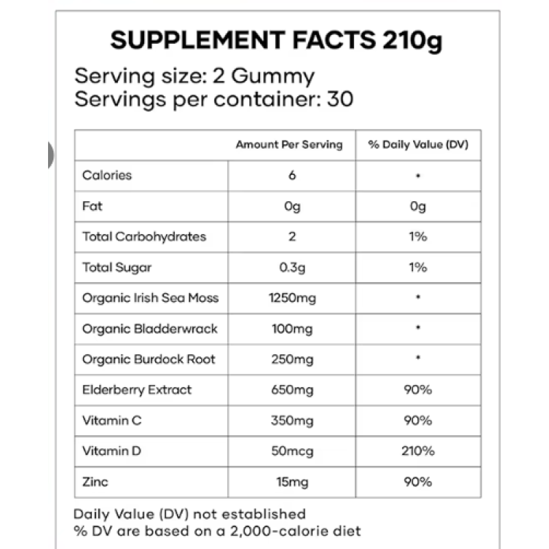 Private Label Premium Sea Moss&Elderberry Gummies Achieve Clearer Skin Strengthen Hair&Nails Boost Immunity Gummy Candy