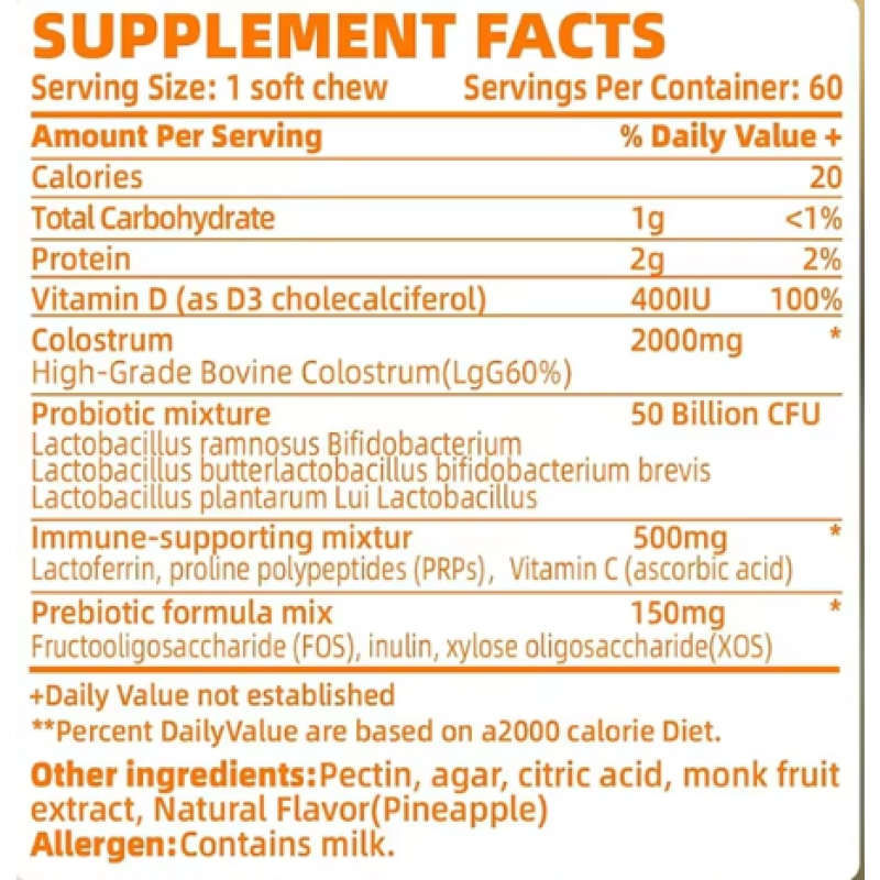 Private Label Promote Digestion High Grade Bovine Colostrum Soft Chew Help Healthier Nails&Hair  Relief Gut Discomfort Gummies