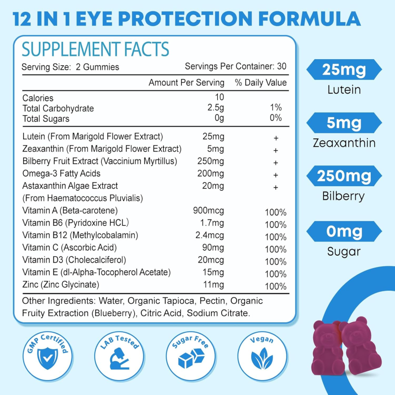 12-In-1 Herbal Lutein Supplement Gummies Moisturizing Eyes Relieving Eye Strain Fatigue Dryness Zeaxanthin Zeaxanthin Zeaxanthin