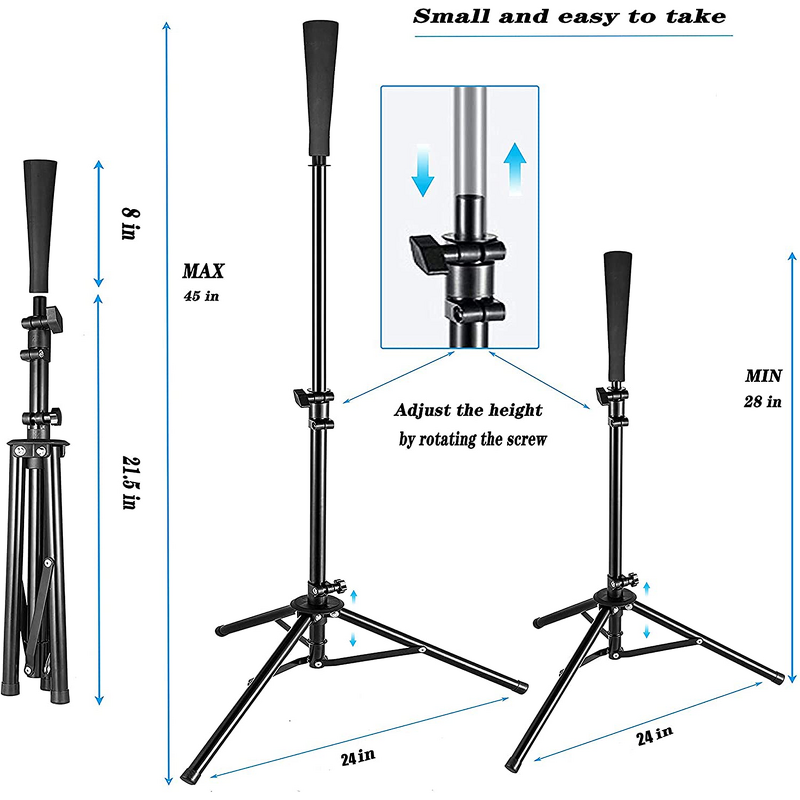 Batting Tee Manufacturer - Portable Adjustable Steel Frame Rubber Cone Training Practice Tripod for Baseball or Softball Black Ball Rebounders