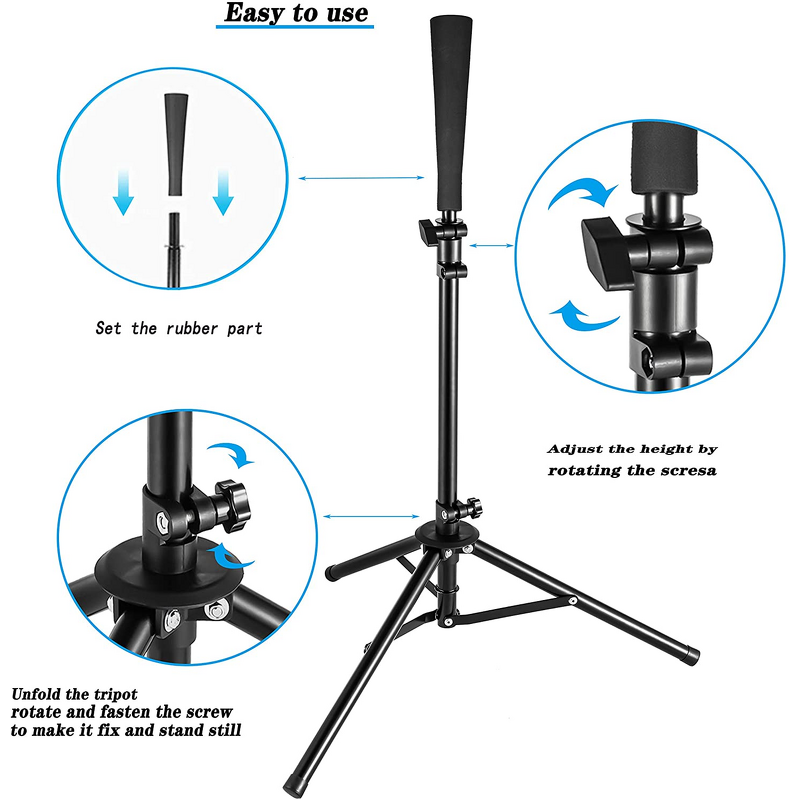 Batting Tee Manufacturer - Portable Adjustable Steel Frame Rubber Cone Training Practice Tripod for Baseball or Softball Black Ball Rebounders