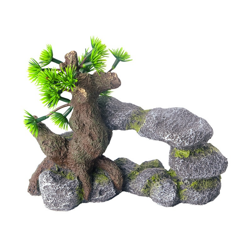 Fish Tank Ornament Manufacturer - Hot-Selling Resin Stimulation Small Stacked Rocks Tree Arch Decoration Living Room Aquarium
