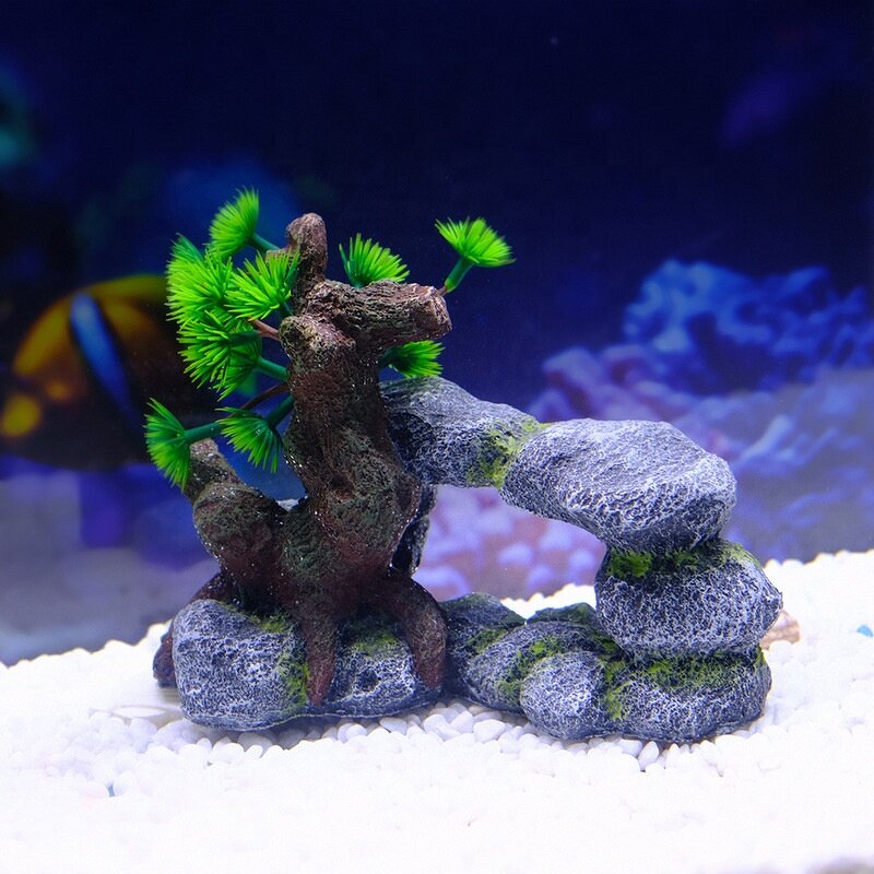 Fish Tank Ornament Manufacturer - Hot-Selling Resin Stimulation Small Stacked Rocks Tree Arch Decoration Living Room Aquarium