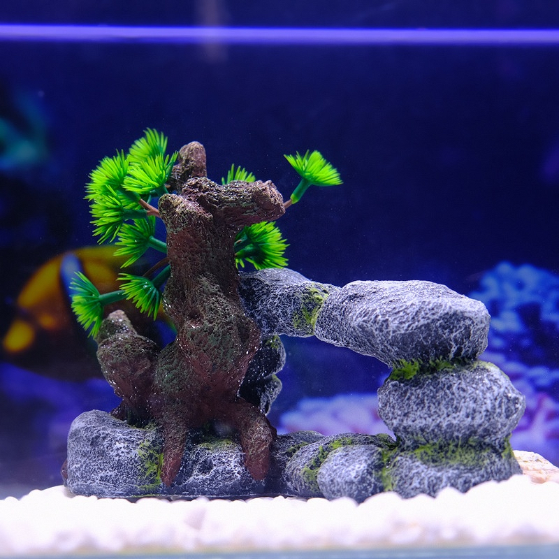 Fish Tank Ornament Manufacturer - Hot-Selling Resin Stimulation Small Stacked Rocks Tree Arch Decoration Living Room Aquarium