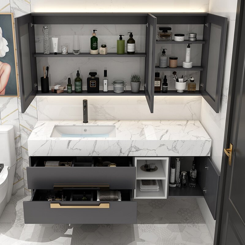 Bathroom Vanity Unit Manufacturer - Modern 600mm 51 Inch Marble Wall Hung with Mirror Gray for Modern Bathrooms