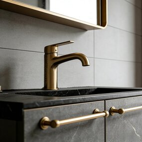 Bathroom Furniture Set Manufacturer - Black Modern Style Floated Marble Countertop Wooden Vanity with LED Mirror and Sink 48 Inch