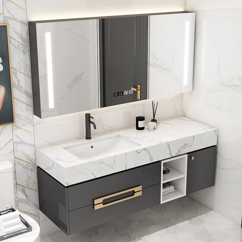 Bathroom Vanity Unit Manufacturer - Modern 600mm 51 Inch Marble Wall Hung with Mirror Gray for Modern Bathrooms
