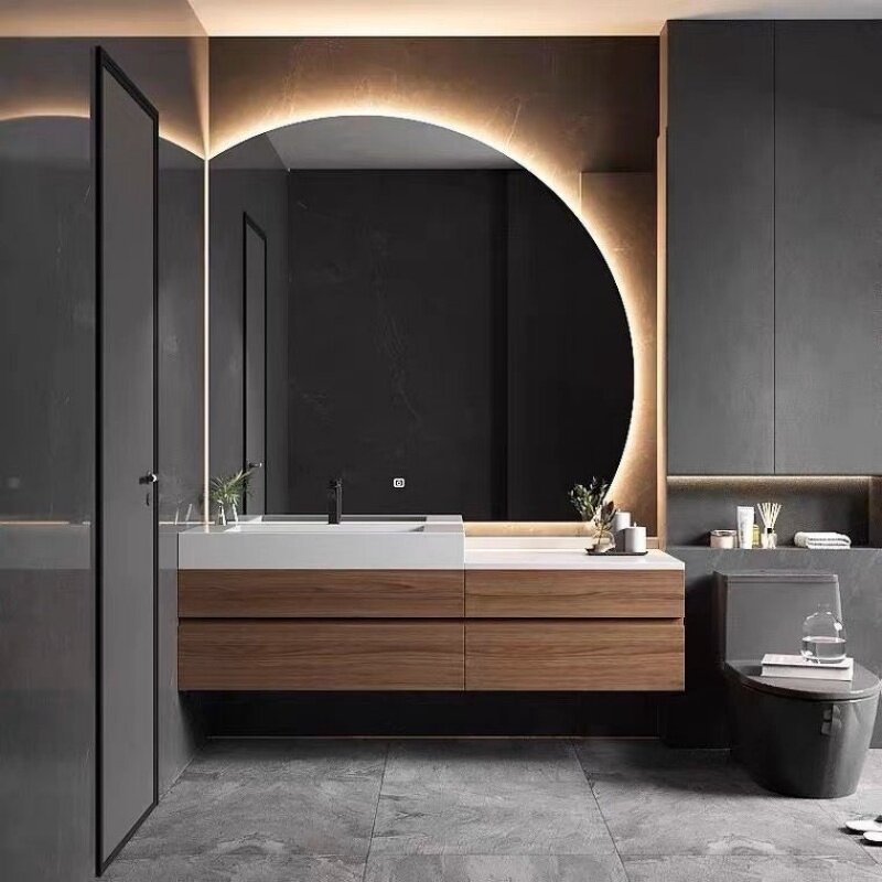 Bathroom Vanity Cabinet Manufacturer - Half Moon Wooden Panel With Single and Double Sinks and Mirror Wash Basin for Hotel