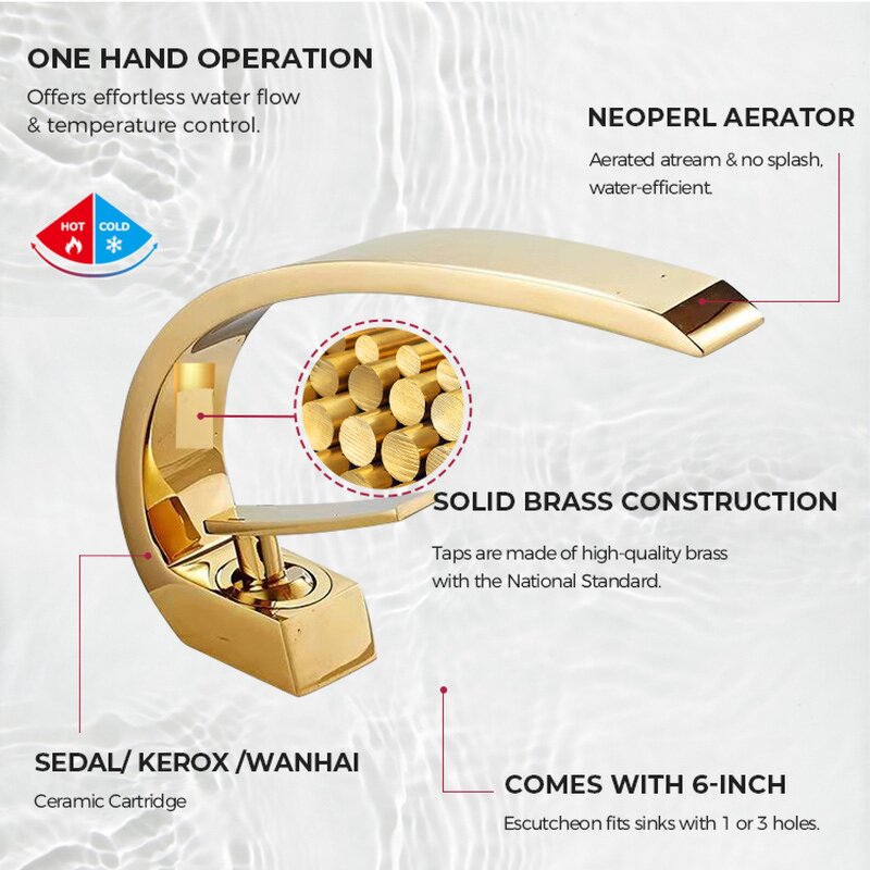 Basin Faucet Manufacturer - Hotel Bathroom Dual Handle Modern Golden Plated Brass Deck Mount Sink Tap Stainless Steel Hot Cold Wash