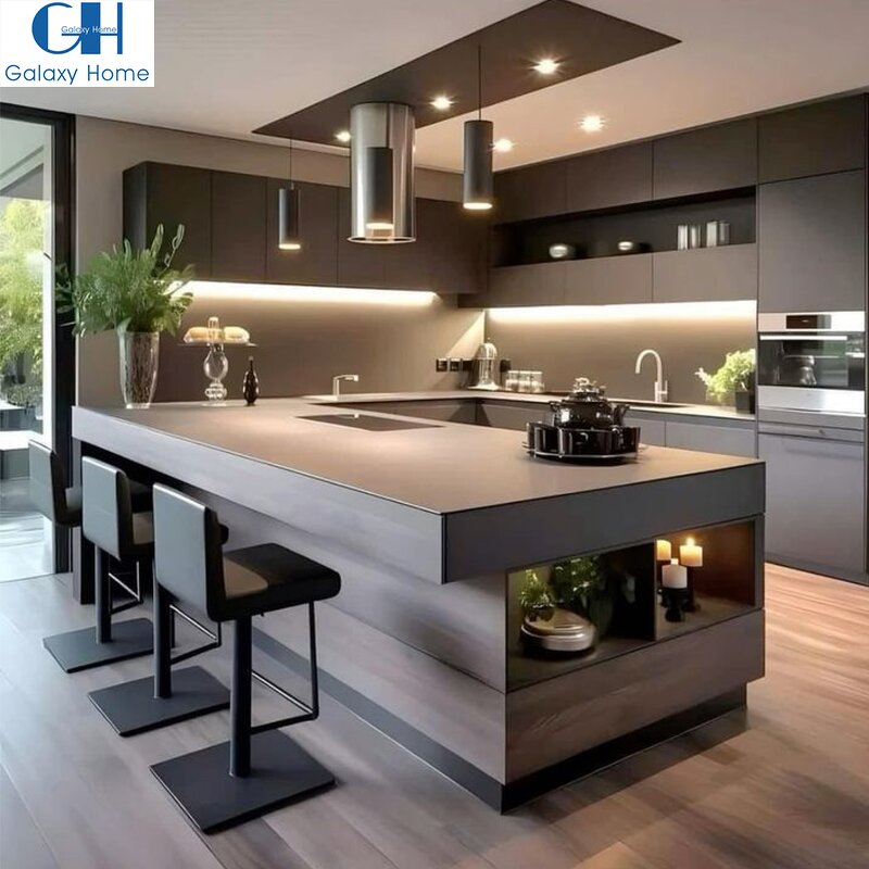 Kitchen Cabinets Manufacturer - Foshan Custom Grey Modern Paint Designs Project Furniture Luxury Motorized Set