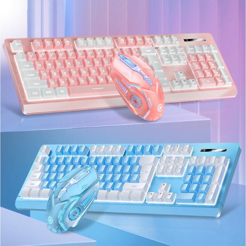 Gaming Keyboard and Mouse Manufacturer - 104keys Type c Charging pink / Blue Wireless 2.4G RGB Backlight