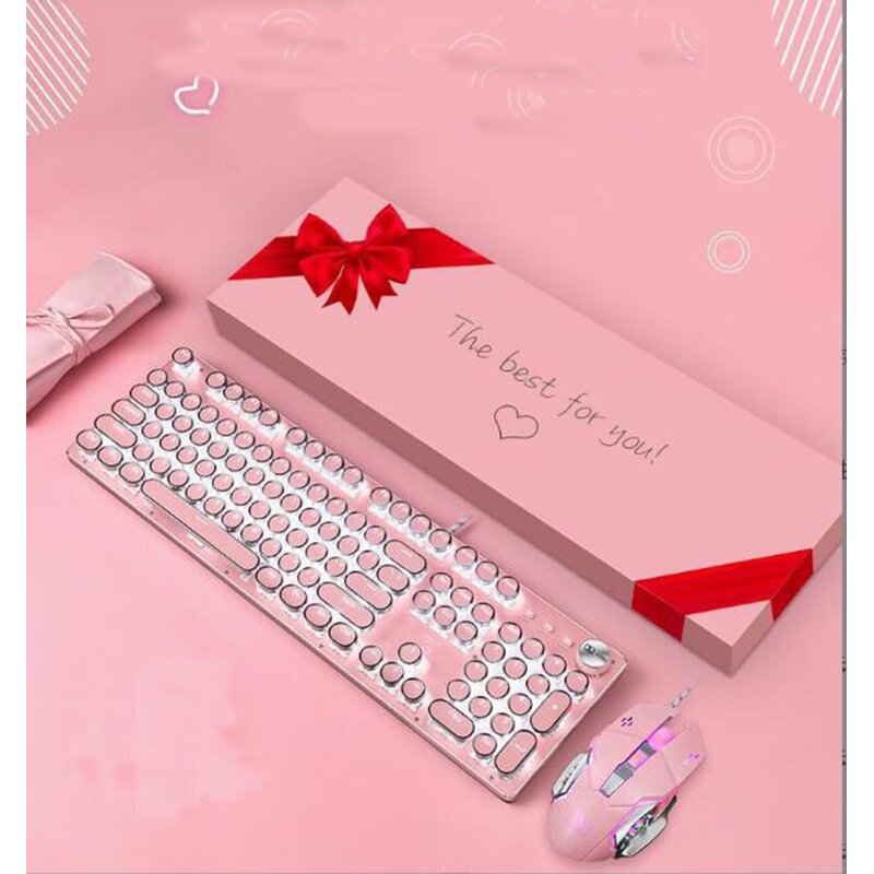 Gaming Keyboard Mouse Combos Manufacturer - Gift Box Pink Round Keycap Macro Programming 104 Mechanical Shafts RGB Backlight Computer