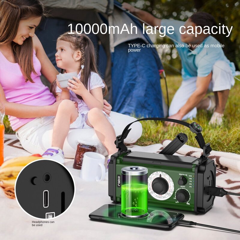 Emergency Radio Manufacturer - Outdoor 10000mAh Multi-Function Solar Hand Crank Flashlight for Disaster Prevention SOS Made Durable Plastic