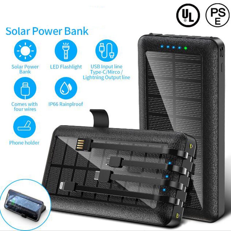 Solar Power Bank Manufacturer - 20000mAh Portable Charger Fast Charging External Battery With Charging Cable for Xiaomi Iphone