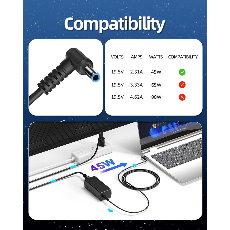 AC Adapter Manufacturer - 45W Power Cord Blue Tip Charger Compatible for HP Pavilion x360 Zbook 14u G4 G5 Notebook Stream 14