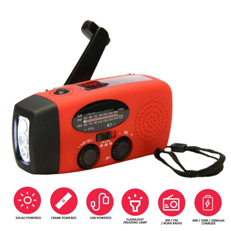 Emergency Radio Manufacturer - Multifunctional Solar Hand-Crank Powered LED Flashlight 2000mAh USB Charging FM AM WB NOAA Weather Ban Plastic