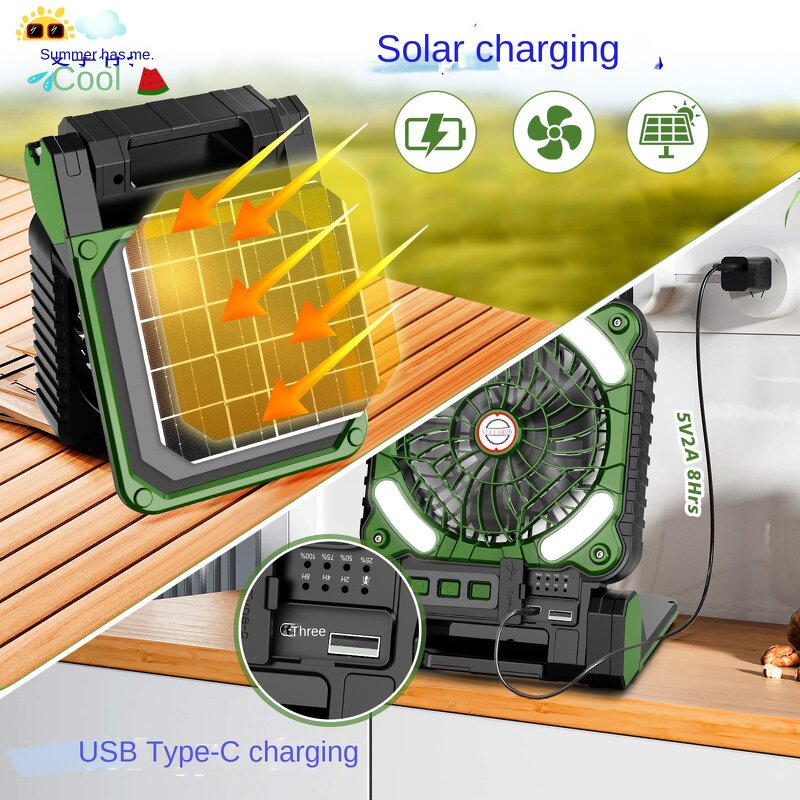 Solar USB Charging Fan Manufacturer - Portable Four-Wind Energy Saving Handheld Installation Foldable for Outdoor Camping Fishing