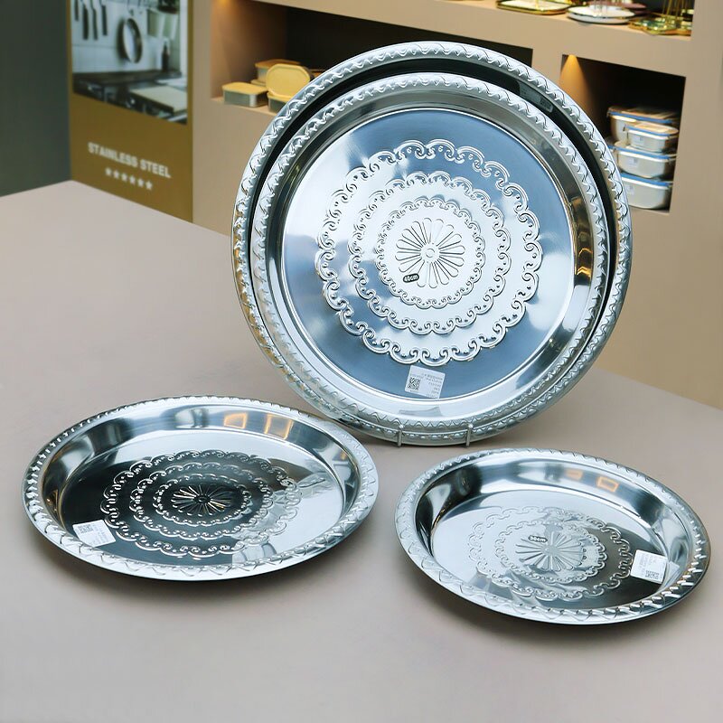 Dinner Plate Manufacturer - Food 30/35/40/45/50/55/60/65/70cm Cheap Round Stainless Steel Serving Tray Metal Dish